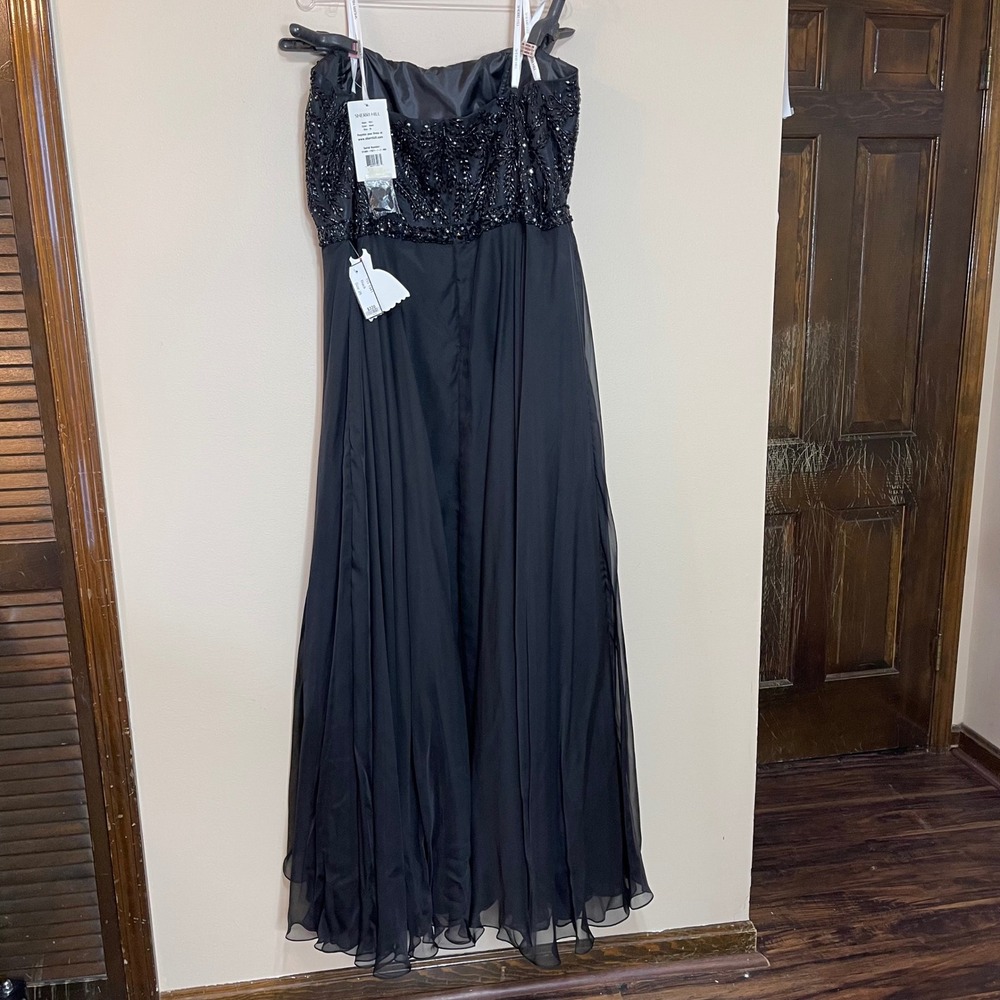 NWT Sherri Hill Black Beaded Strapless Chiffon Formal Evening Gown Dress Size 26 - Picture 3 of 13